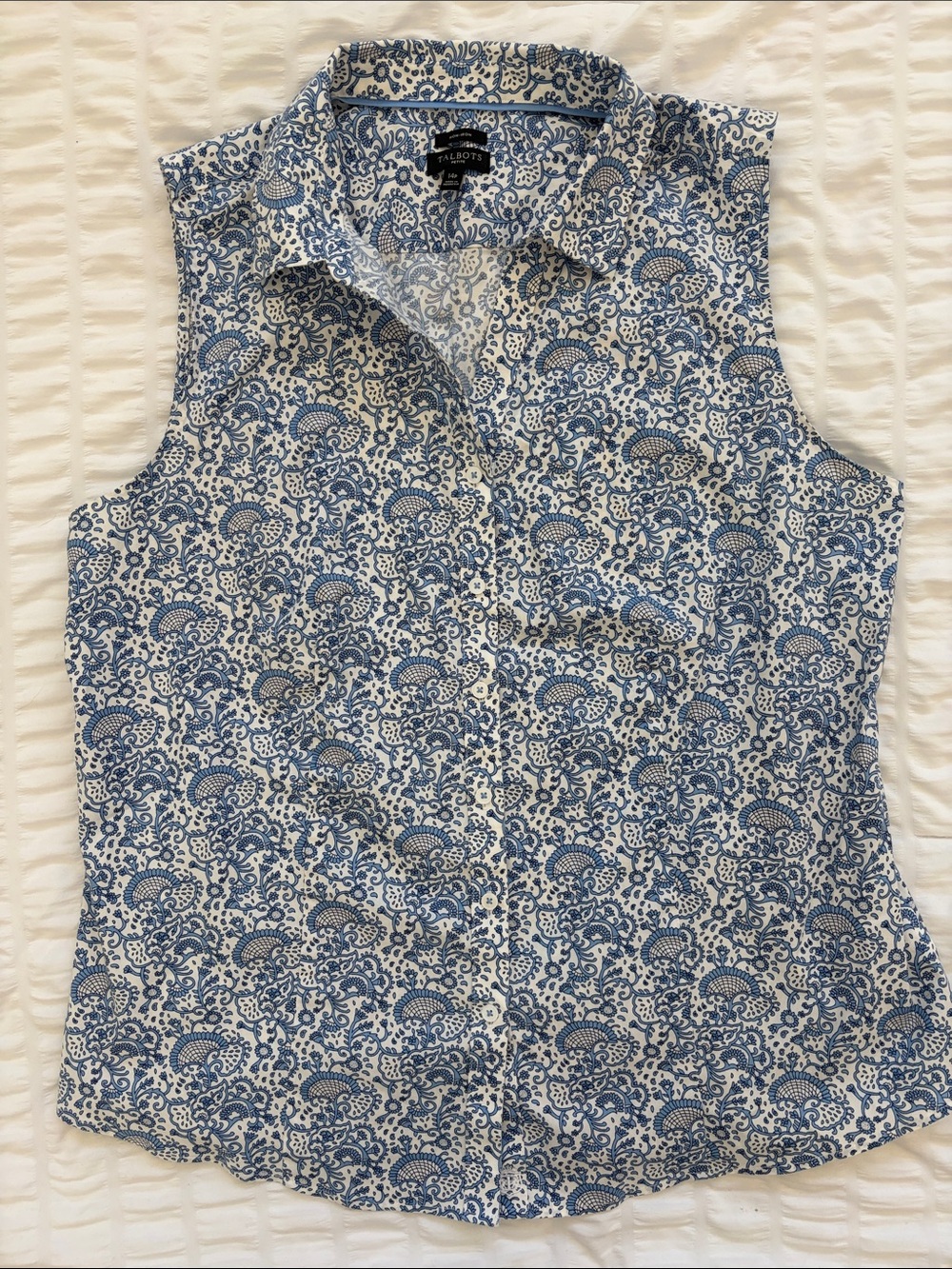 Talbots Sleeveless Petite Blue White Non-Iron Button-Down Shirt. Cool Cotton.